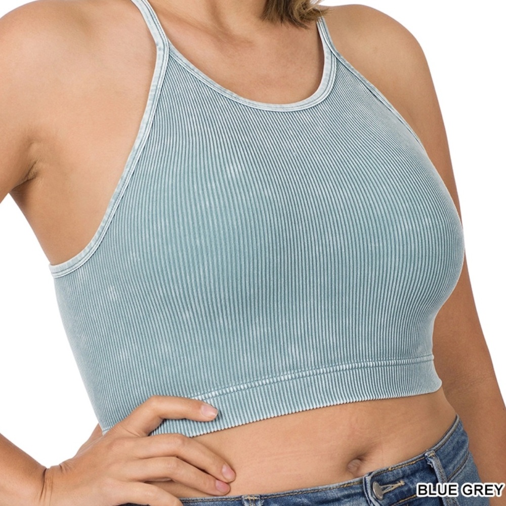 Zenana Blue Grey Ribbed 2X/3X Mineral Washed Seamless Cami Brami Bra NWOT
